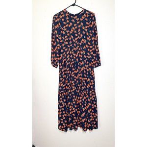 J. Crew Factory Navy Midi Dress with Orange Floral Print
